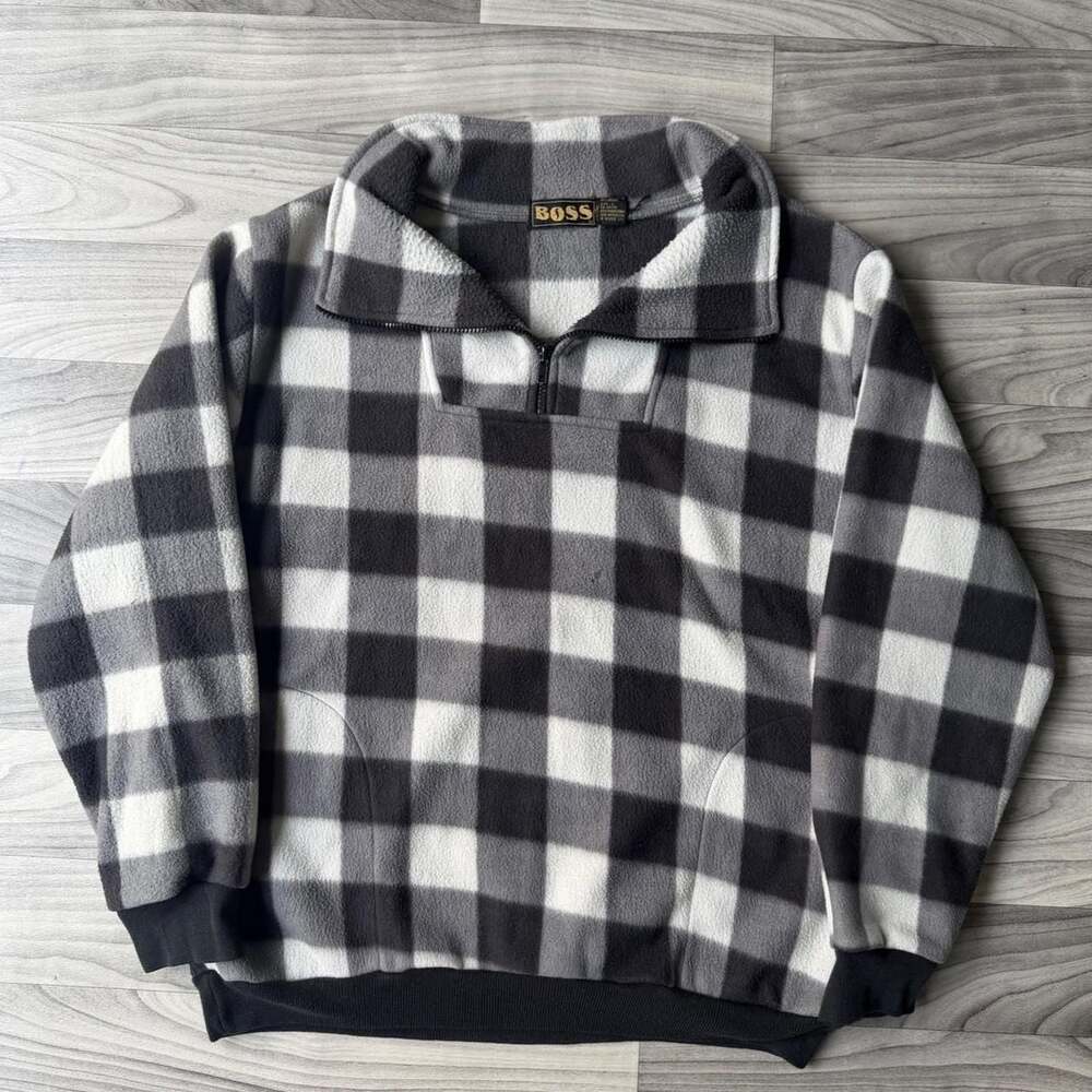 BOSS Buffalo Check Quarter Zip Fleece Sweatshirt Black White Large
